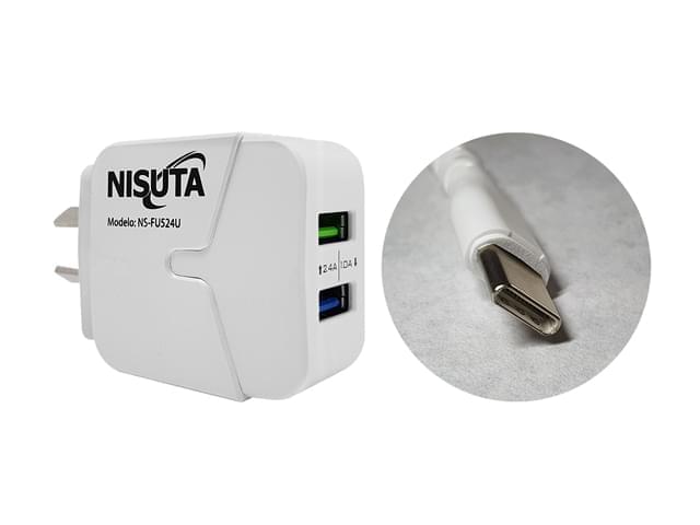 CARGADOR NISUTA USB DE 2 PUERTOS Y 2,4 AMPER CON CABLE USB C DE 1M